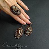 Украшения handmade. Livemaster - original item Brown jewelry set: ring and earrings made of sardonyx and beads.. Handmade.