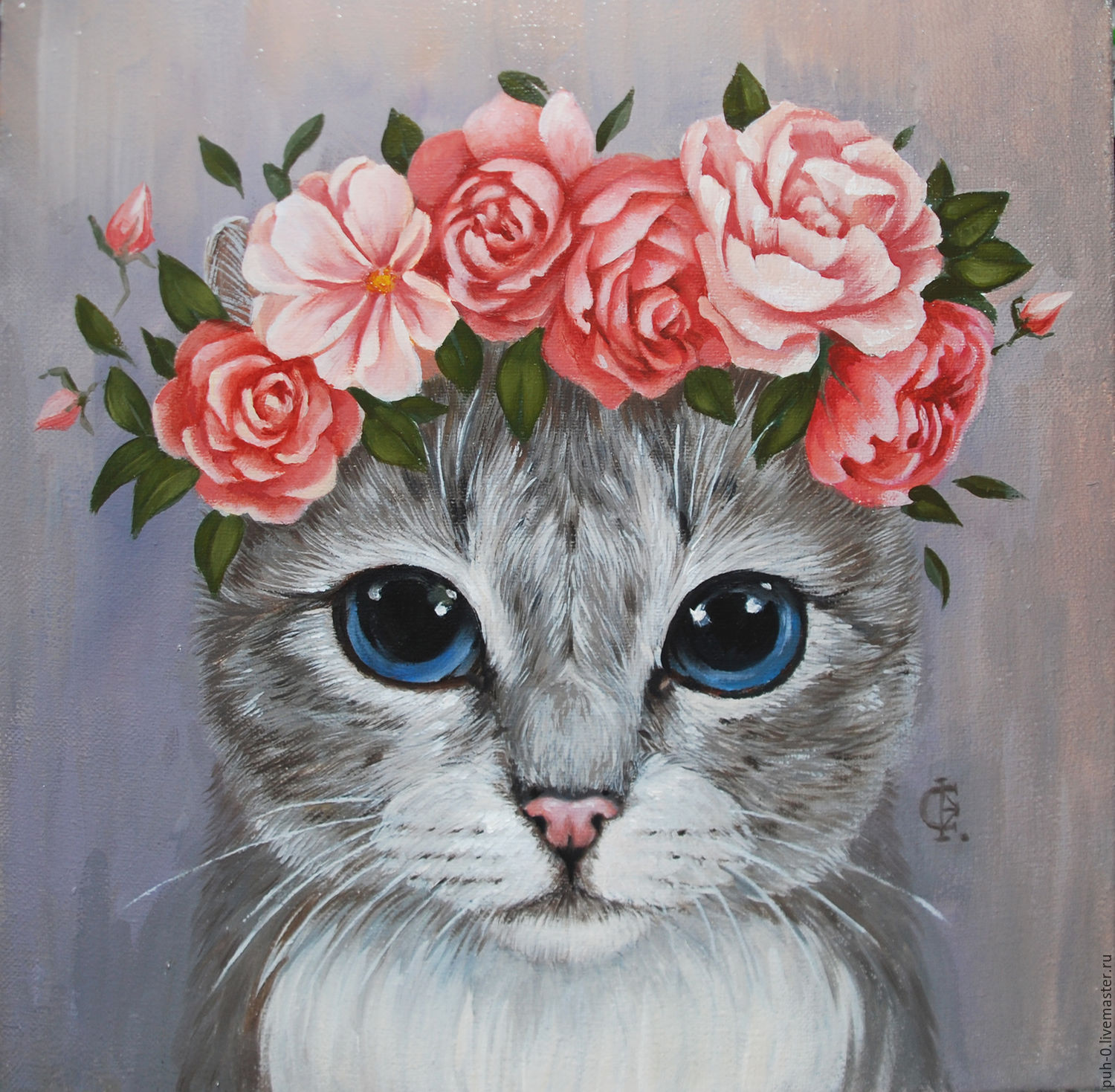 Кошка и цветы арт