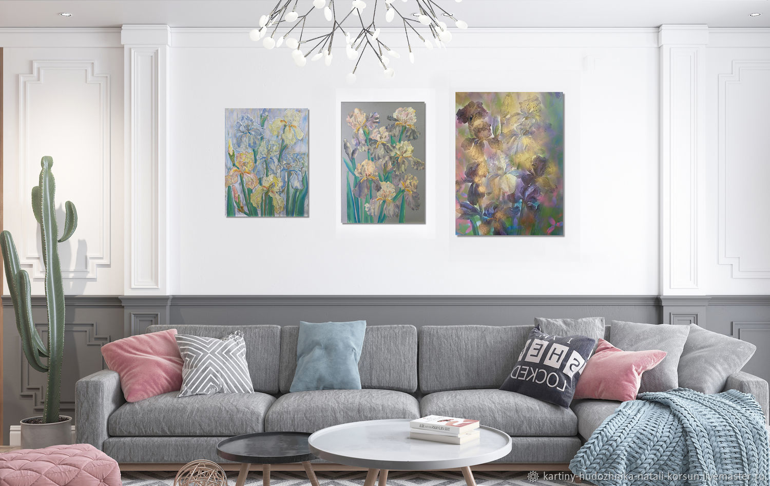 Ирисы картина маслом на холсте Композиция из трех картин триптих в ...