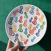 Посуда handmade. Livemaster - original item A plate with pussies drawings of pussies Multicolored dicks on ceramics. Handmade.