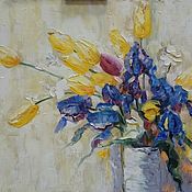 Картины и панно handmade. Livemaster - original item Oil painting bouquet of flowers - irises, tulips, daisies (buy). Handmade.