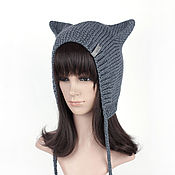 Hat with ears Cat black, elastic band knitted