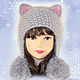 Hat cat ears Cat with POM-POM, grey fluffy knit women's, Caps, Orenburg,  Фото №1