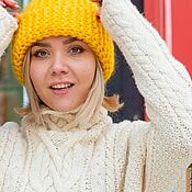 Аксессуары handmade. Livemaster - original item Beanie hat with a lapel knitted yellow color for women. Handmade.