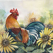 Картины и панно handmade. Livemaster - original item Watercolor rooster and sunflowers. Handmade.