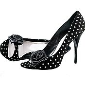 Винтаж handmade. Livemaster - original item Adorable black-white shoes polka dots with a decorative rosette. Handmade.