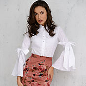 Одежда handmade. Livemaster - original item White cotton cambric blouse with bows on the sleeves, elegant blouse. Handmade.