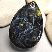Украшения handmade. Livemaster - original item Midnight-black cat on black agate-pendant with painted to order. Handmade.