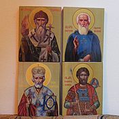 St. Xenia - hand-written icon of hot colors directly on the wood