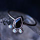 Silver ring with black cubic zirconia drop and natural opals, Rings, Moscow,  Фото №1