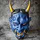 Японская маска Хання синяя с золотым Genie. Маски интерьерные. Qarma Masks. Интернет-магазин Ярмарка Мастеров.  Фото №2