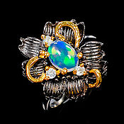 Украшения handmade. Livemaster - original item 925 sterling silver ring with natural rainbow opal cabochon and topaz. Handmade.