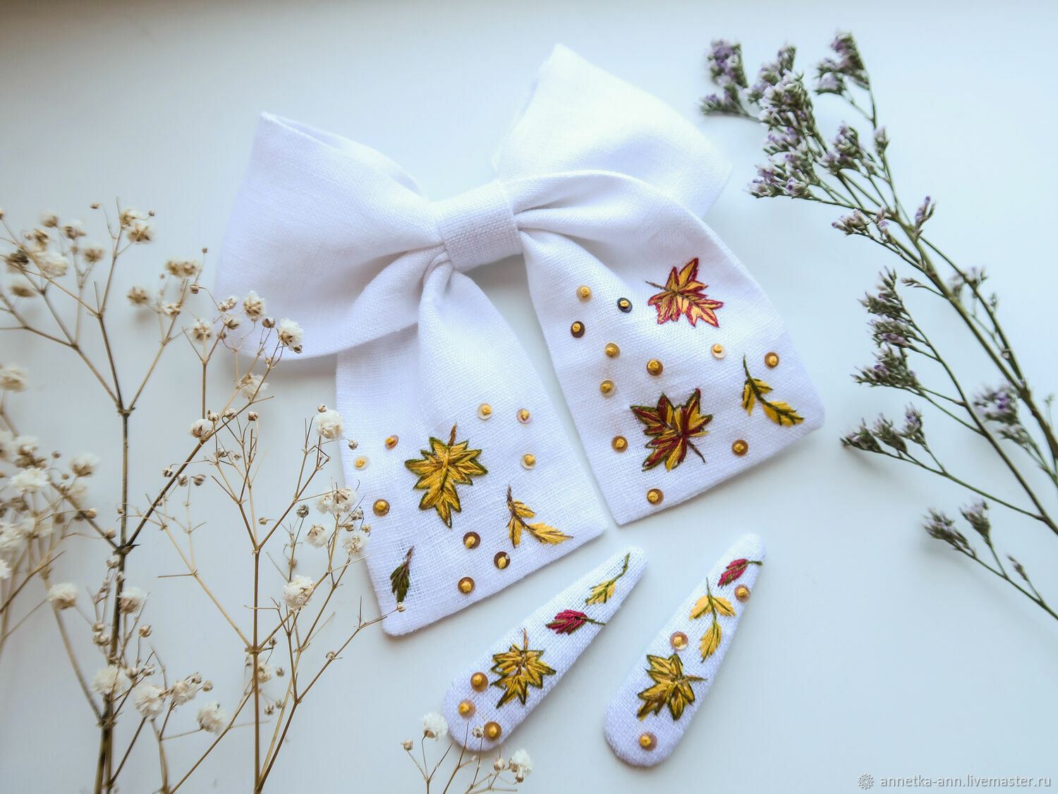 Bow and 2 white linen hairpins - 'Autumn! September 1st', Hairpins, Fryazino,  Фото №1