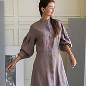 Одежда handmade. Livemaster - original item Linen dress with a stand-up collar in dark beige color. Handmade.
