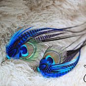Purple-blue long feather earrings