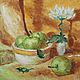 Картина маслом на кухню "Оранжевый натюрморт с зелеными яблоками", Картины, Москва,  Фото №1