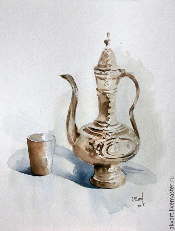Watercolor as a gift. Still life. Vintage pitcher, Pictures, Moscow,  Фото №1