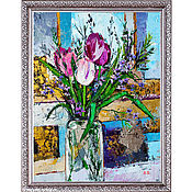Картины и панно handmade. Livemaster - original item Framed painting with potala flowers tulips in oil. Handmade.
