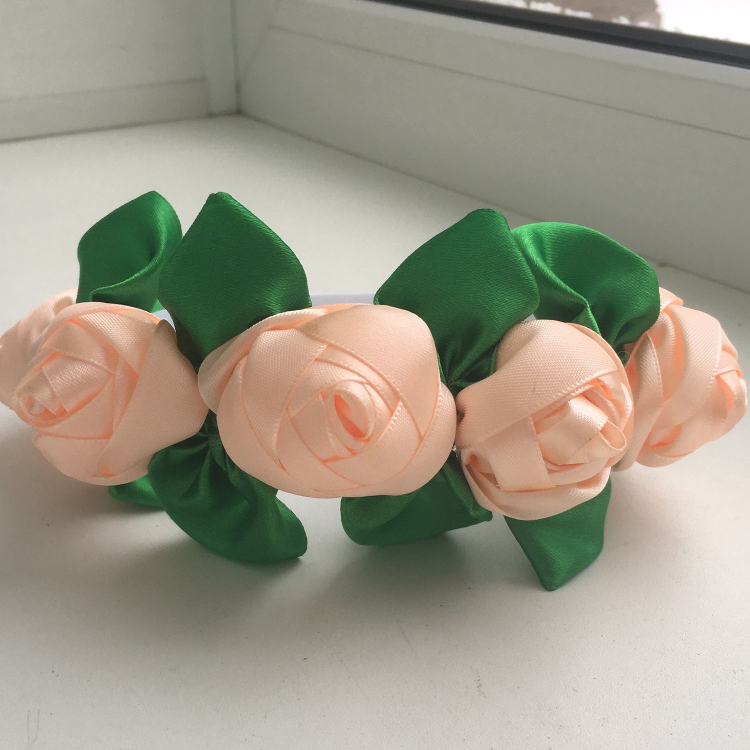 Обруч Английская роза, ободок, веночек, цветы из шифона и атласных лент