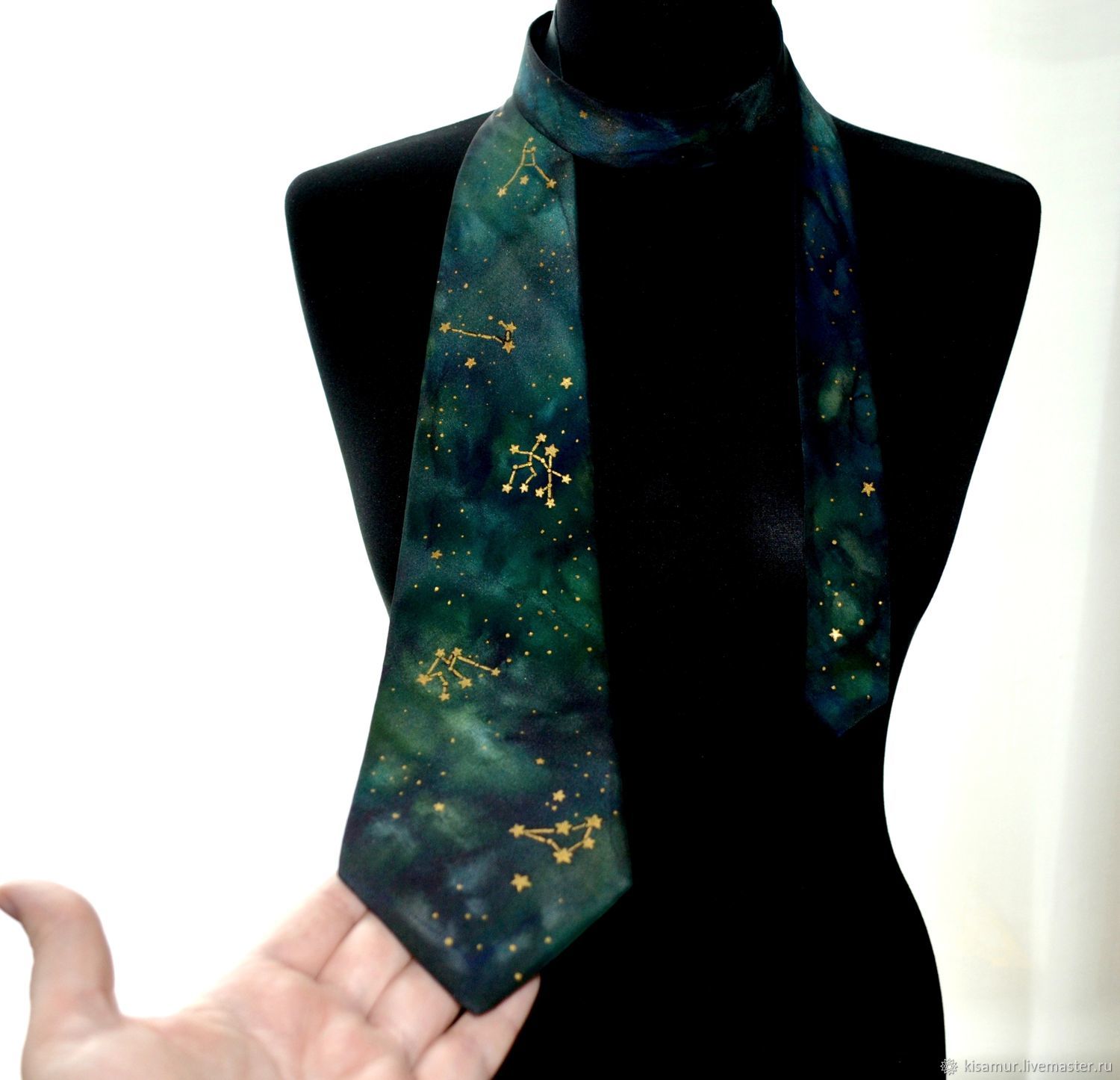 Silk tie constellations stars cosmos dark green gift for a man, Ties, Tver,  Фото №1