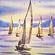 Author's postcard with watercolors with yachts in the sea at sunset seagulls sun. Cards. Olga Ermakova art. Online shopping on My Livemaster.  Фото №2