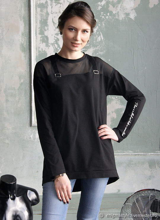Длинная черная женская футболка с сеткой и пряжками Black Cat лонгслив, Футболки, Новосибирск,  Фото №1