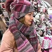 Аксессуары handmade. Livemaster - original item Hat and scarf set pink / grey / Burgundy. Handmade.
