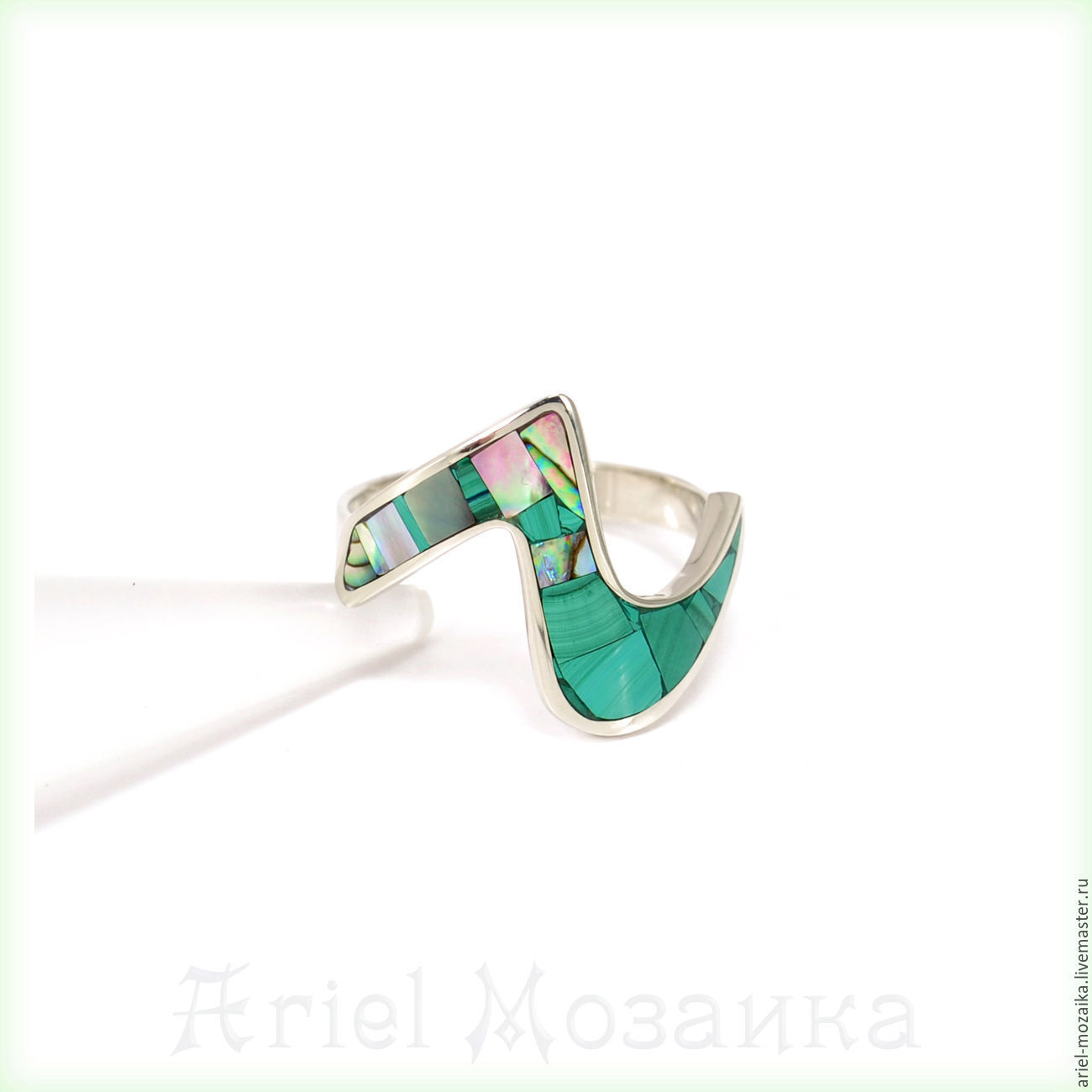 Ring `Snake` ARIEL - Alena - Moscow MOSAIC Size Is 18.0 Ring with malachite Ring with mother of pearl Ring-thin Ring-mosaic gems
