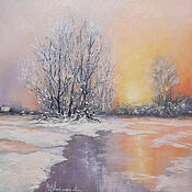 Картины и панно handmade. Livemaster - original item Winter rustic landscape with sunrise oil. Handmade.
