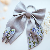 Bow with embroidery - Gzhel ( linen - melange fabric )
