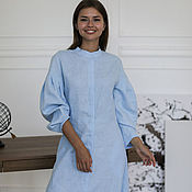 Одежда handmade. Livemaster - original item Linen dress with a blue stand-up collar. Handmade.