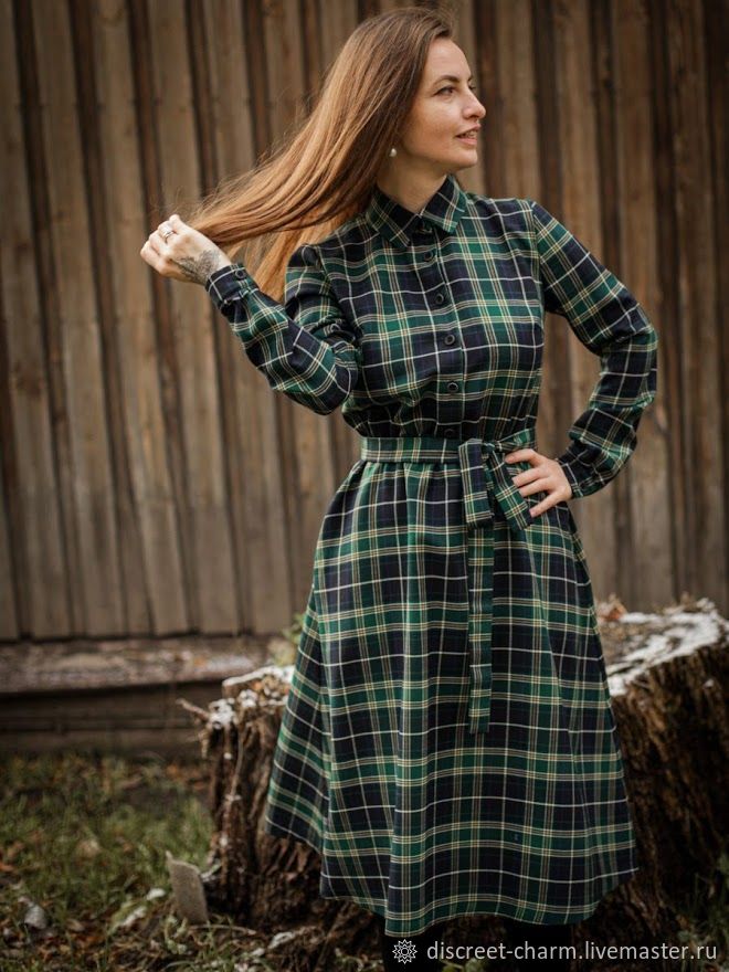 Теплое платье на осень, синее, зеленое в клетку, с длинным рукавом в интернет-магазине Ярмарка Мастеров по цене 6900 ₽ – MX2EKRU