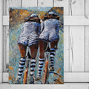 Картины и панно handmade. Livemaster - original item Oil painting Two girls on bicycles (striped turquoise red). Handmade.