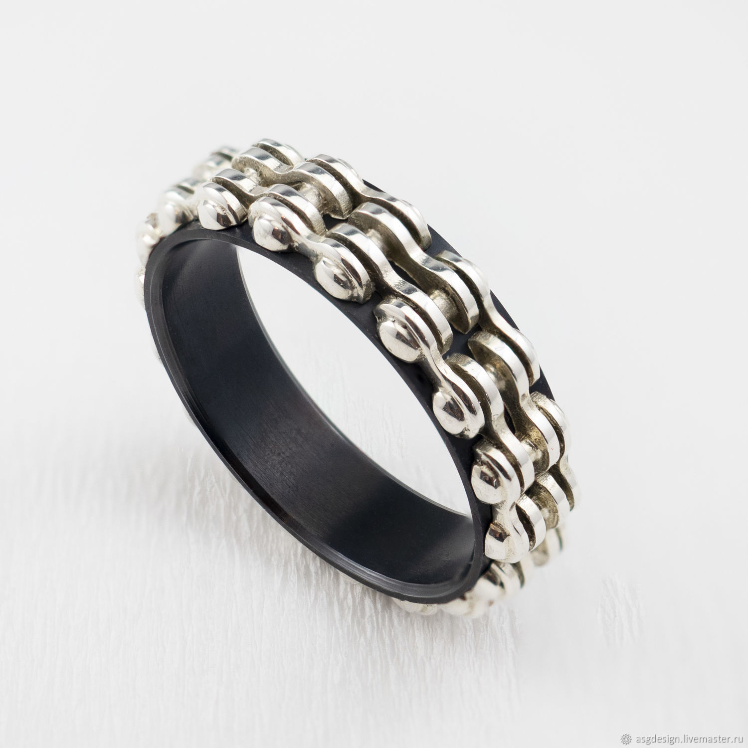 Moto chain ring, black titanium and silver, Rings, Moscow,  Фото №1