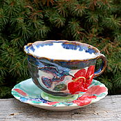 Посуда handmade. Livemaster - original item Red hibiscus and hummingbirds.Tea pair with decor.. Handmade.