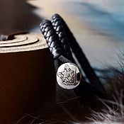 Black leather double wrap braided bracelet with engraving on silver