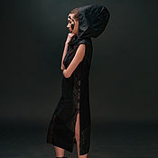 Одежда handmade. Livemaster - original item Black Hooded Midi Woolen Dress Linen Decorated Sleeveless Combi Dress. Handmade.