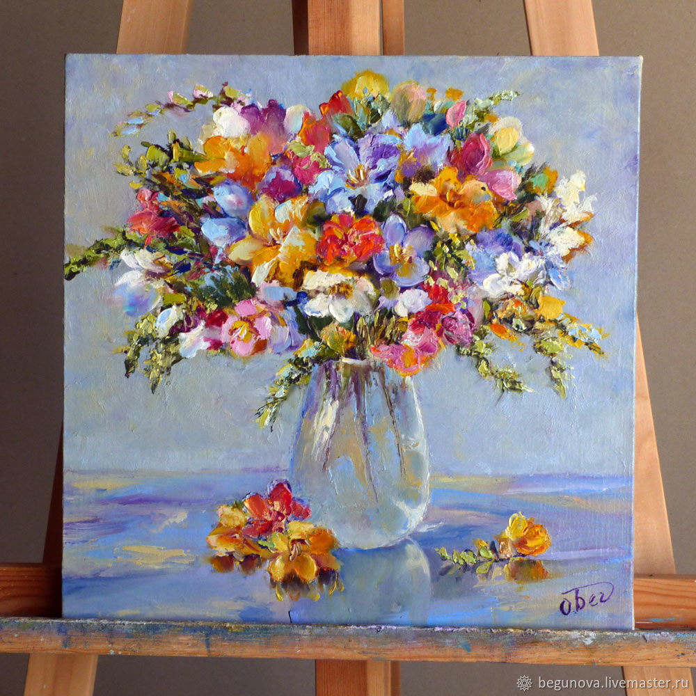 Oil painting wild flowers a Bouquet of freesias,a bouquet of flowers in ...