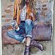 Картина акварелью Эспрессо #3 (девушка кофе рыжий фиолетовый). Картины. Pastel (Бахматова Елена). Ярмарка Мастеров.  Фото №5
