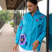 Одежда handmade. Livemaster - original item The author`s shirt with stripes of azure color with bright embroidery. Handmade.
