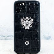 Премиум чехол для iPhone X - герб РФ натуральная кожа ювелирный сплав