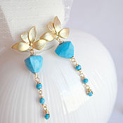 Украшения handmade. Livemaster - original item Flower earrings, turquoise trillion, gilding. Handmade.