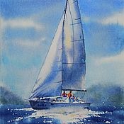 Watercolour postcard with a sailing ship at sea