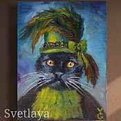 Картины и панно handmade. Livemaster - original item Portrait of a cat in a cilinra and a frill 15*20 cm oil painting. Handmade.