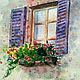 Painting provence Italy window with flowers purple city landscape. Pictures. Olga Ermakova art. Online shopping on My Livemaster.  Фото №2