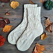 Аксессуары handmade. Livemaster - original item White socks with patterns woolen openwork knitted leaves autumn. Handmade.
