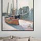 Painting on canvas 100h100 cm Houses and boats (gray, red), Pictures, St. Petersburg,  Фото №1