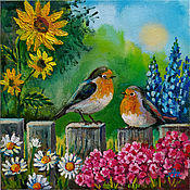 Картины и панно handmade. Livemaster - original item Painting of a Robin Canvas 20h20 Birds and flowers Summer landscape. Handmade.