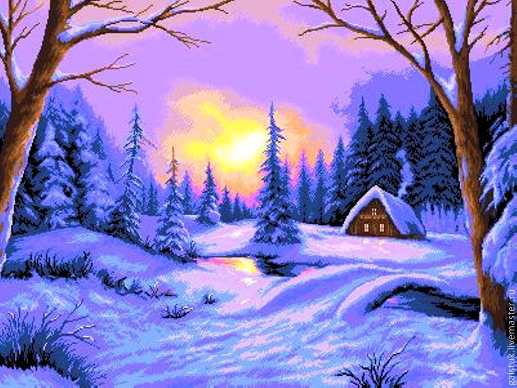 Открытки, рисунок зимний вечер