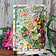 Bright floral card with summer mood. Composition handmade flower and other decorative flowers, berries, leaves and stamens, lace, cutting of paper, the inscription `Congratulations!`... Size 12
